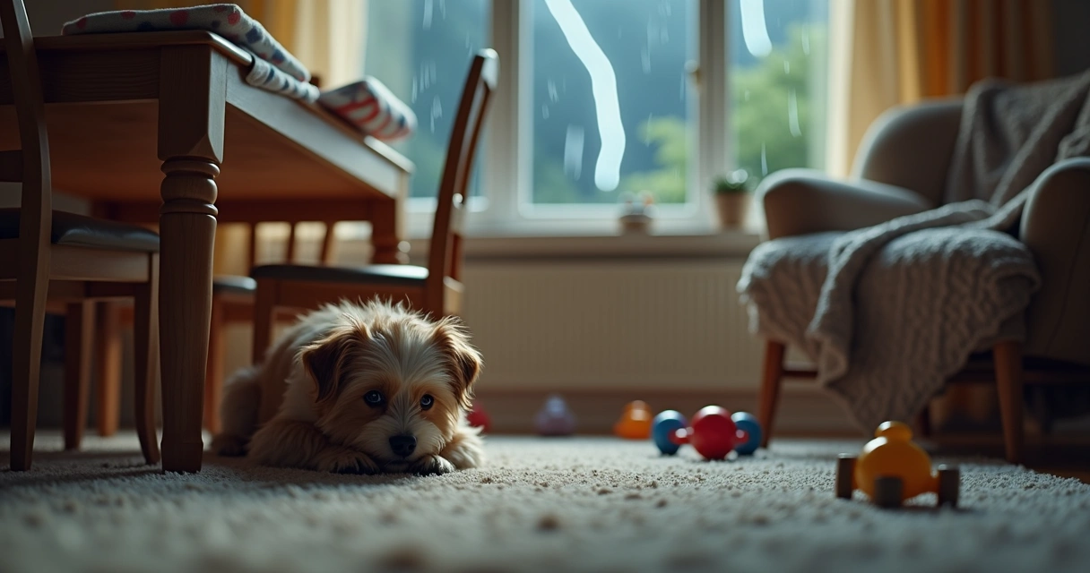 Dog hiding under a table during thunderstorm