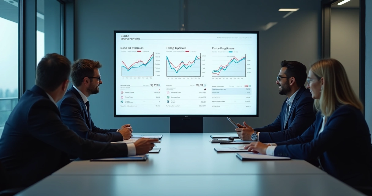 Executive team comparing base upside and downside revenue scenarios