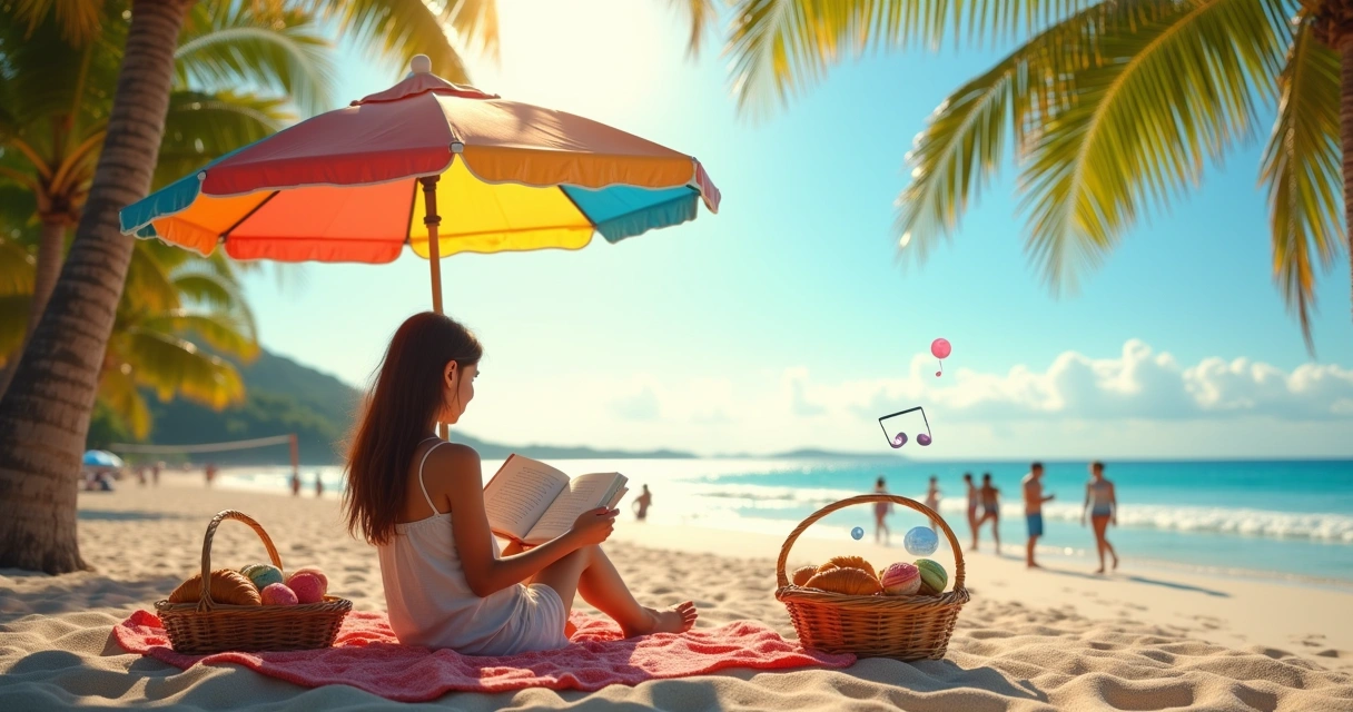 Scène estivale sur une plage avec une personne lisant un livre en français, entourée de douceurs, musique et vagues. 