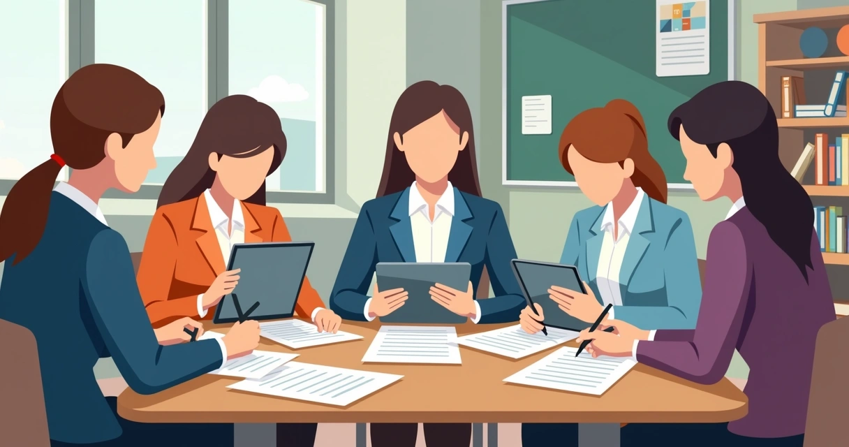 School staff using tablets to sign digital forms at a desk 