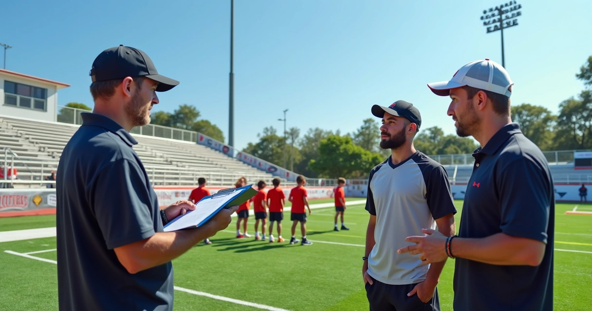 Organizing an internal football tournament with coaches planning and players warming up on field 