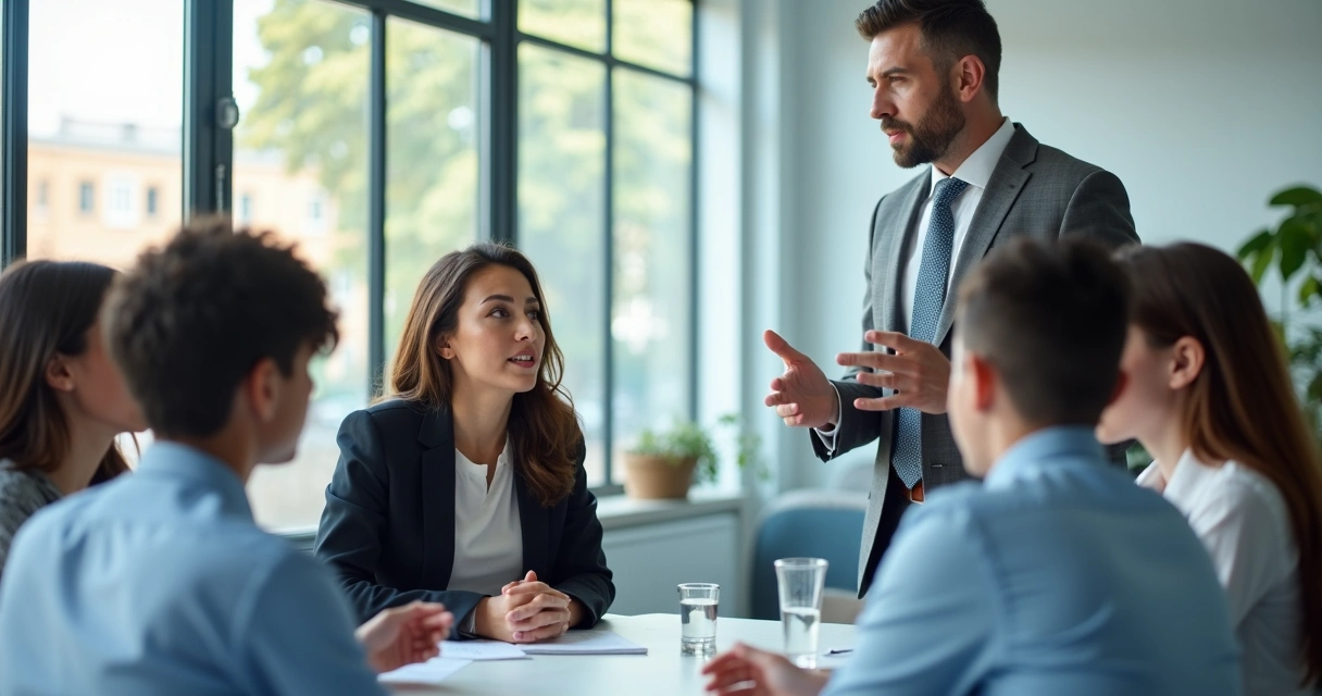 School leader talking to teachers during team meeting