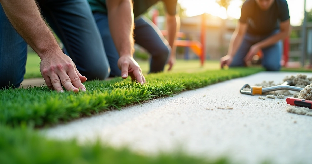 Playground turf installation team fitting shock pads and green turf 