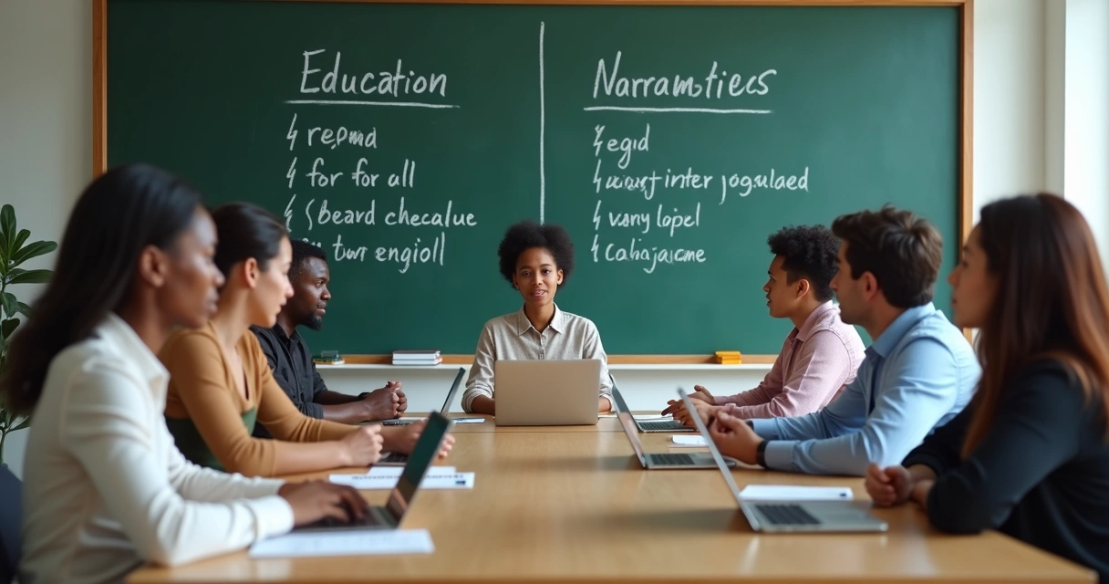 People discussing education policy decisions, blackboard with competing narratives 