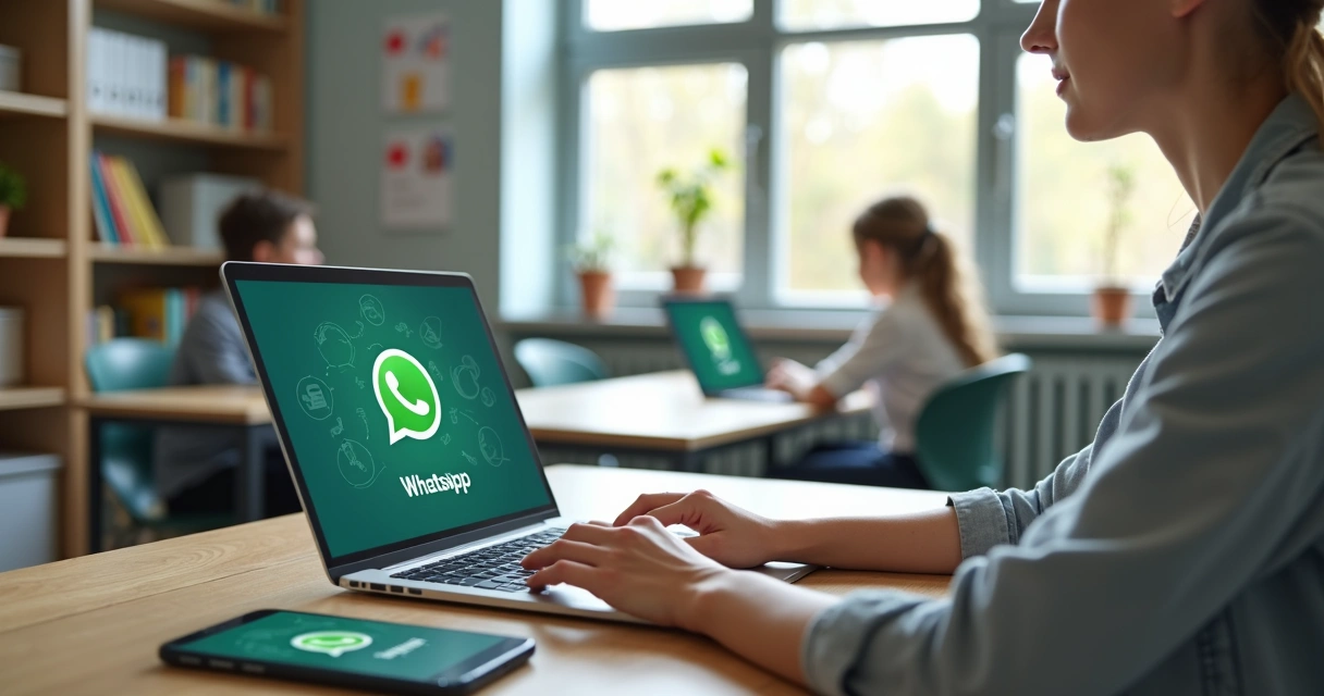 Teacher using a laptop with WhatsApp chatbot interface on screen in a modern school office 