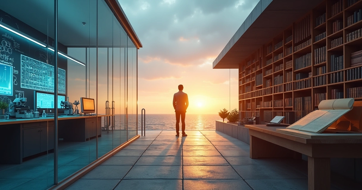 Bridge between a scientific laboratory and a philosophical library at sunrise 