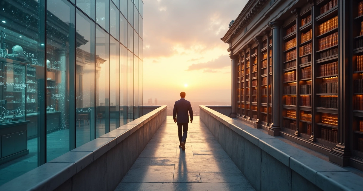 Human figure walking on a bridge between a laboratory and a library at sunrise 