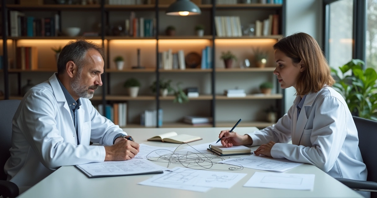 Scientist and philosopher discussing at a table covered with notes 