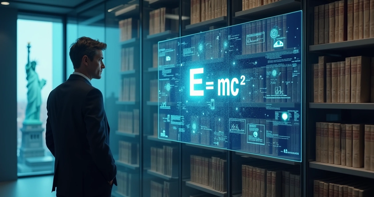 Scientist viewing projected Einstein formula over subtle US flag pattern 