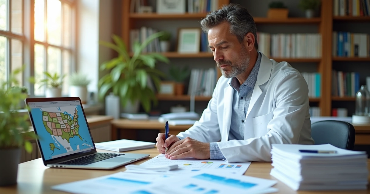 Scientist creating immigration plan at desk.