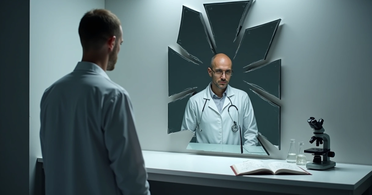 Scientist studying a fractured mirror reflecting multiple versions of their face 