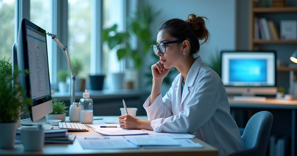 Scientist reflecting in a lab with research notes 