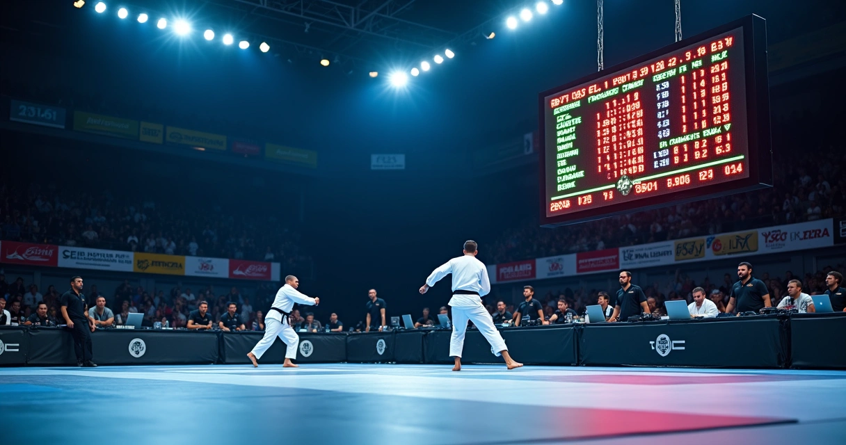 Placar eletrônico moderno exibindo pontos em evento esportivo de artes marciais 