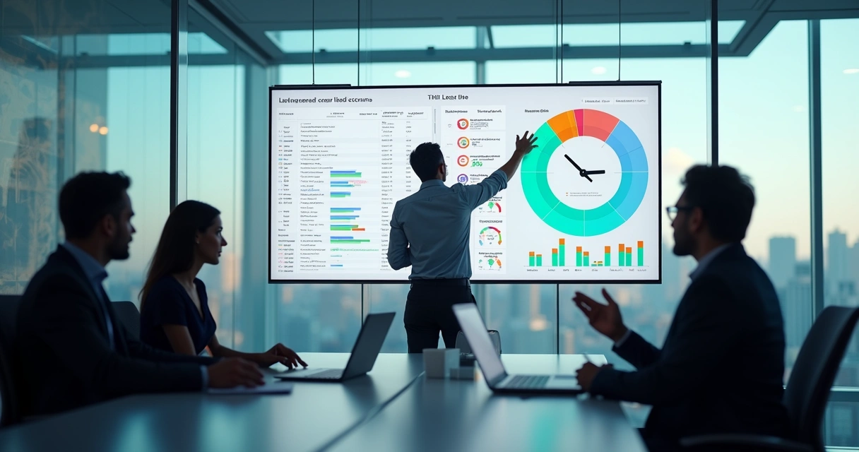 Executivos analisando painel de score de leads B2B em monitor gigante 