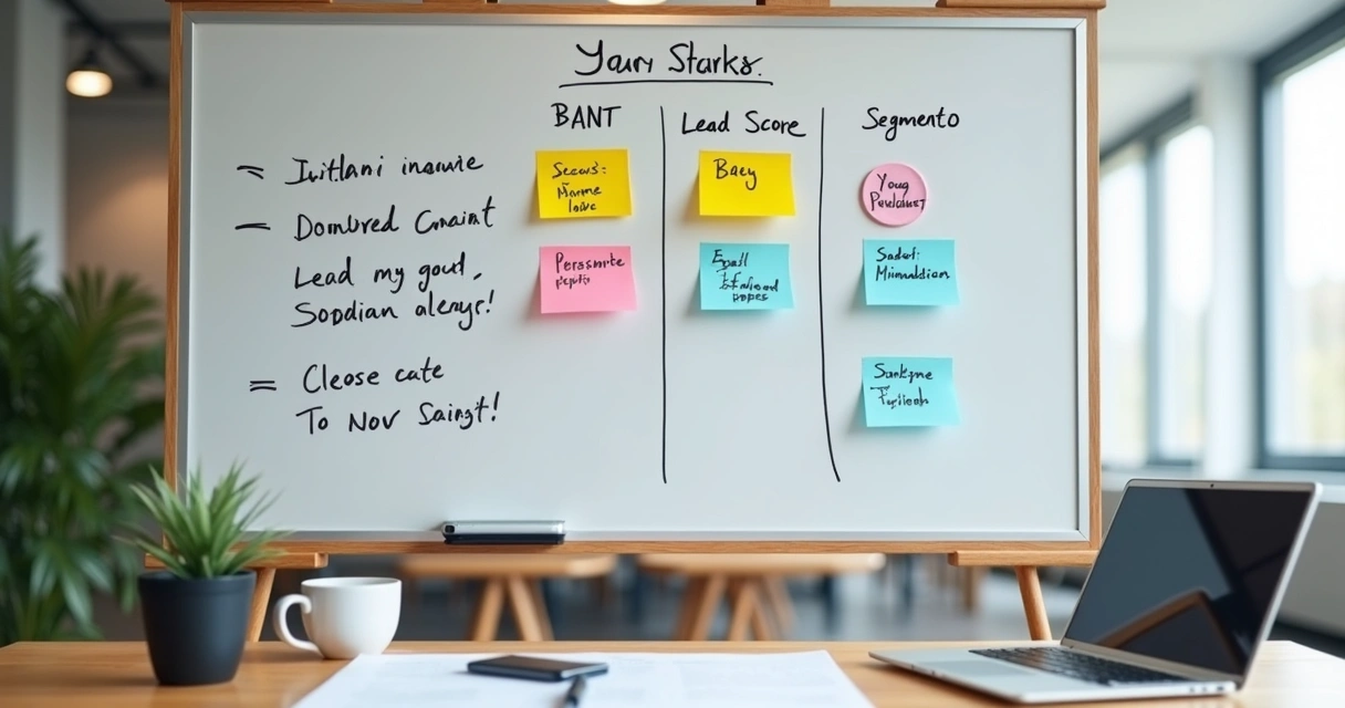 Quadro branco com critérios de qualificação de leads escritos e destacados 