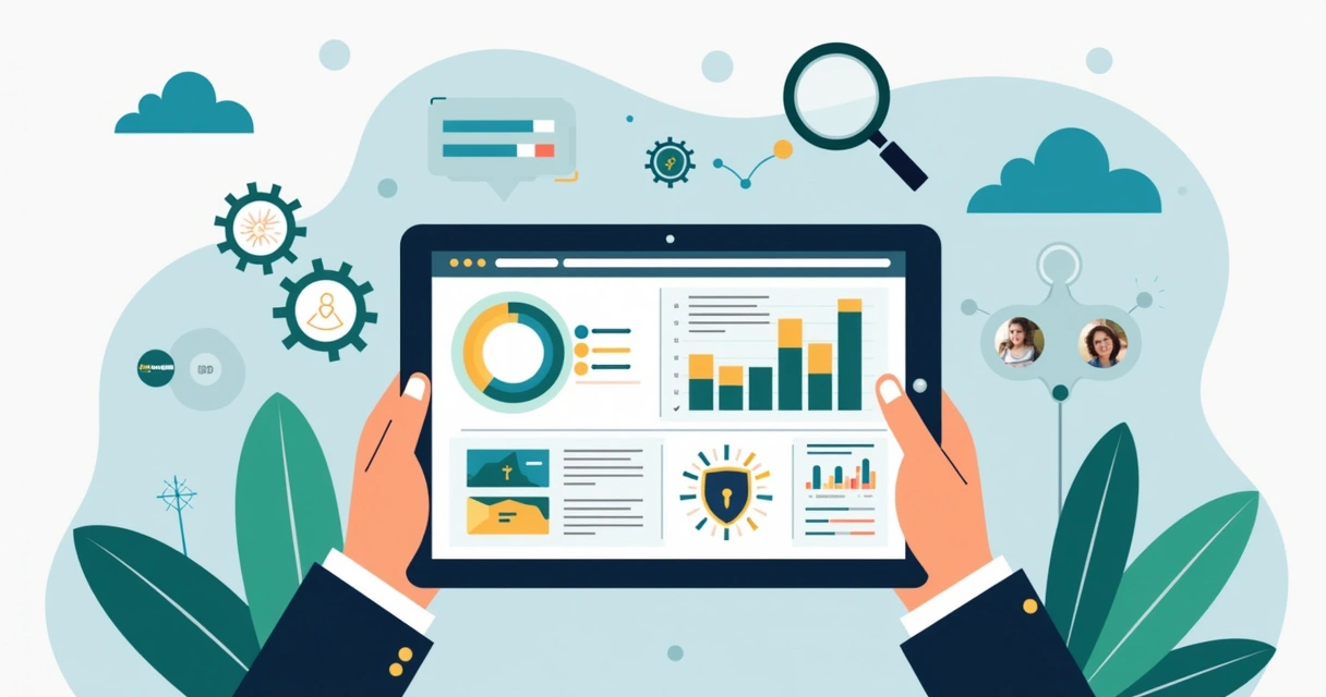 Ilustração corporativa mostrando análise de score de segurança para contratos de marketing de influência com gráficos e ícones digitais 