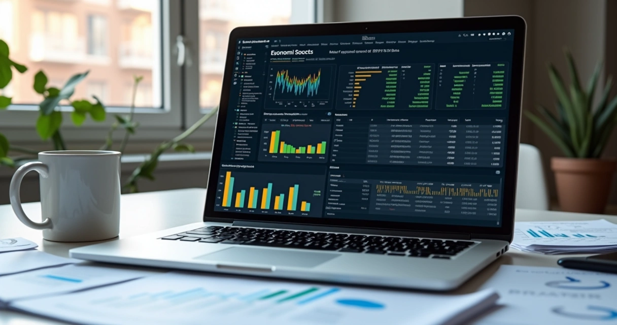 Tela de notebook com gráficos de pandas e um scorecard macroeconômico aberto. 