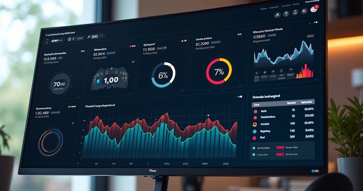 Computador exibindo dashboard com gráficos detalhados de scoring de leads baseados em sinais de intenção, com dados coloridos e indicadores visuais num ambiente moderno de escritório 
