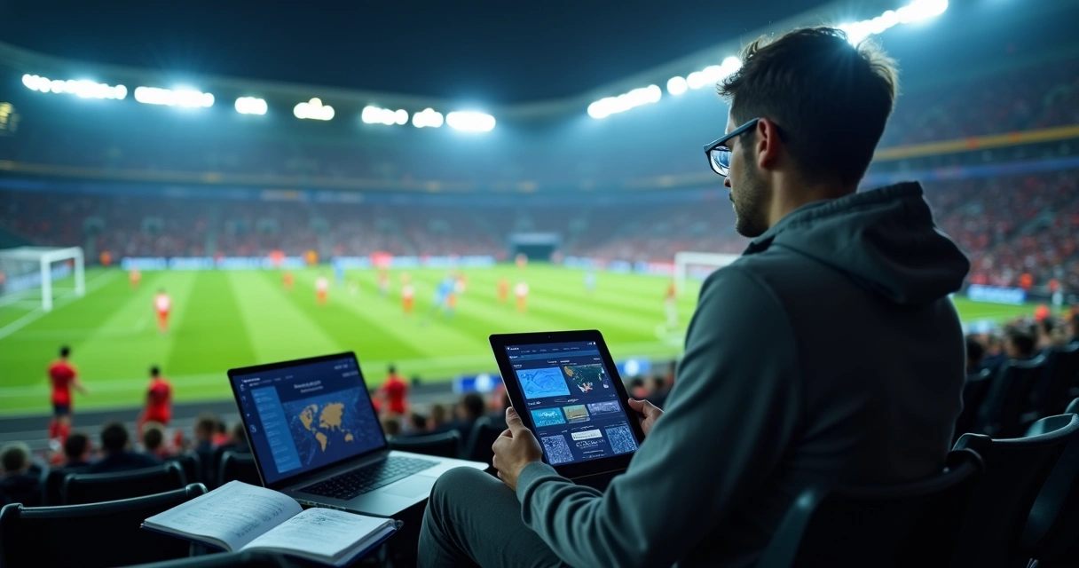 Analista de scout observando jogo de futebol com tablet e gráficos de dados à beira do campo 