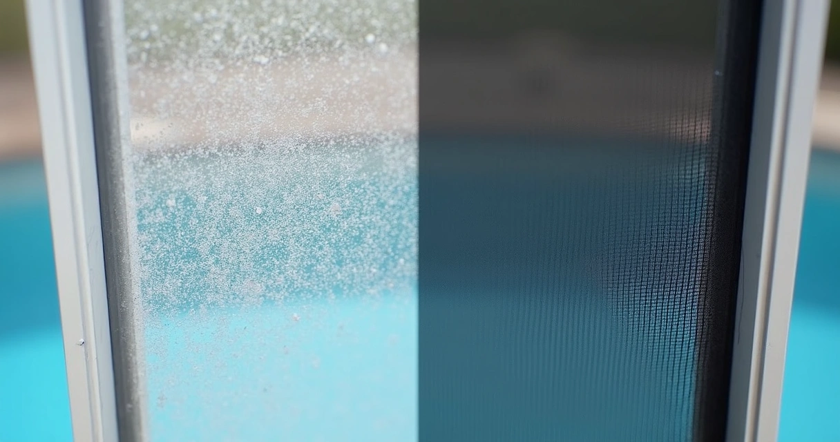 Side-by-side pool enclosure screens in white and charcoal, with the white showing a bit more dust and the charcoal looking cleaner 