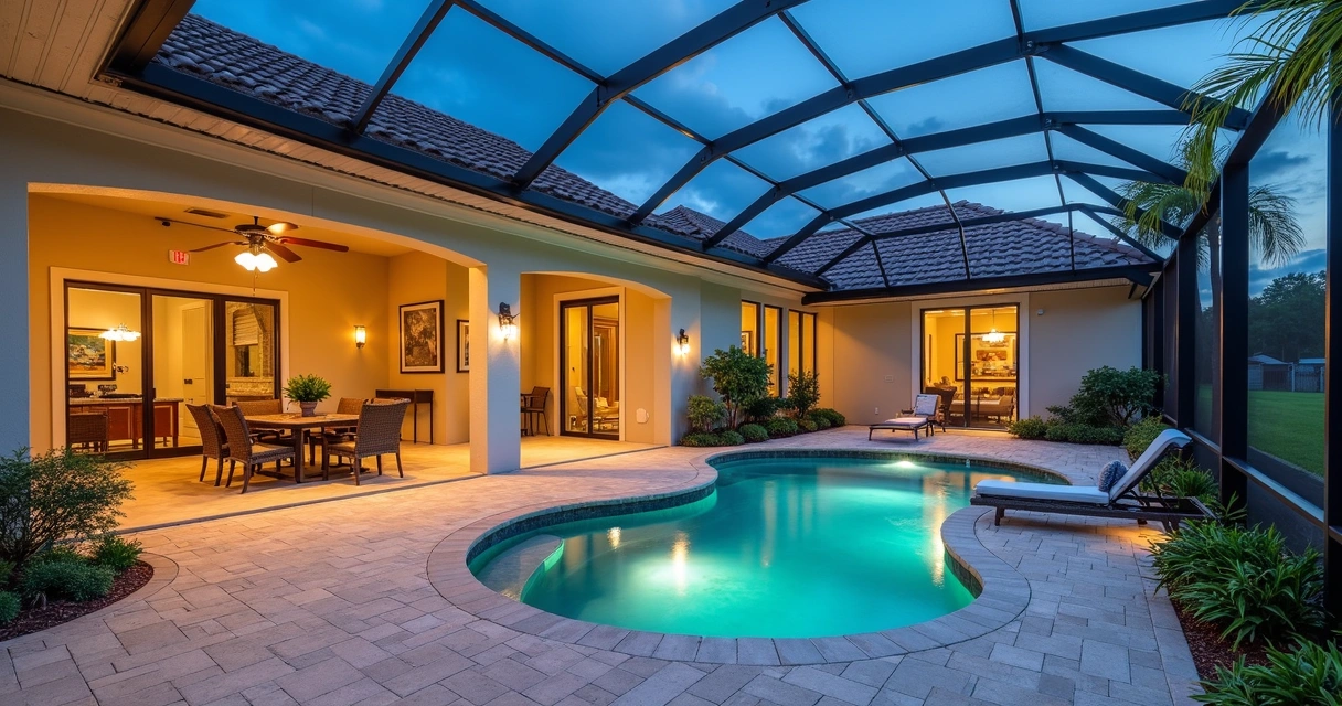 Lanai screen enclosure with matching trim and landscape 