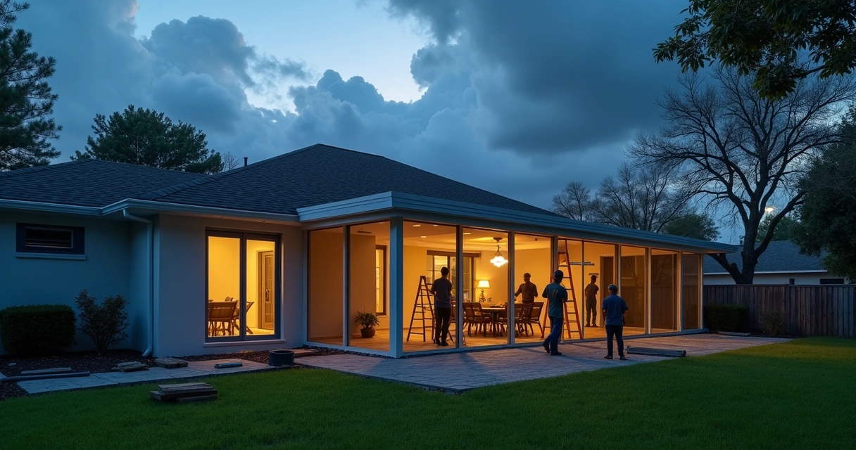 Screen enclosure build in progress with stormy sky 