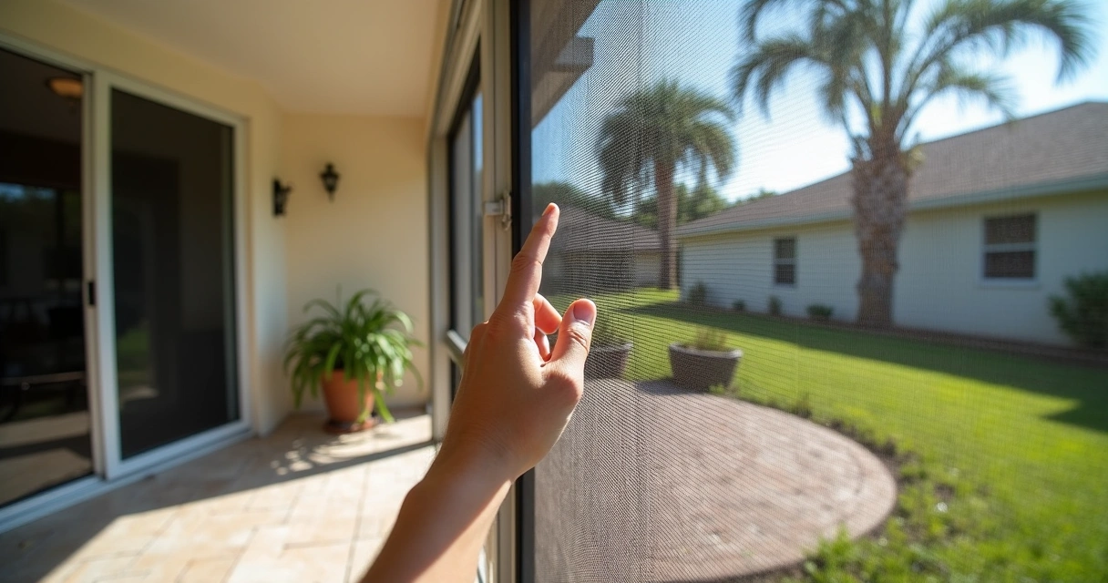 Inspecting screen enclosure on patio 
