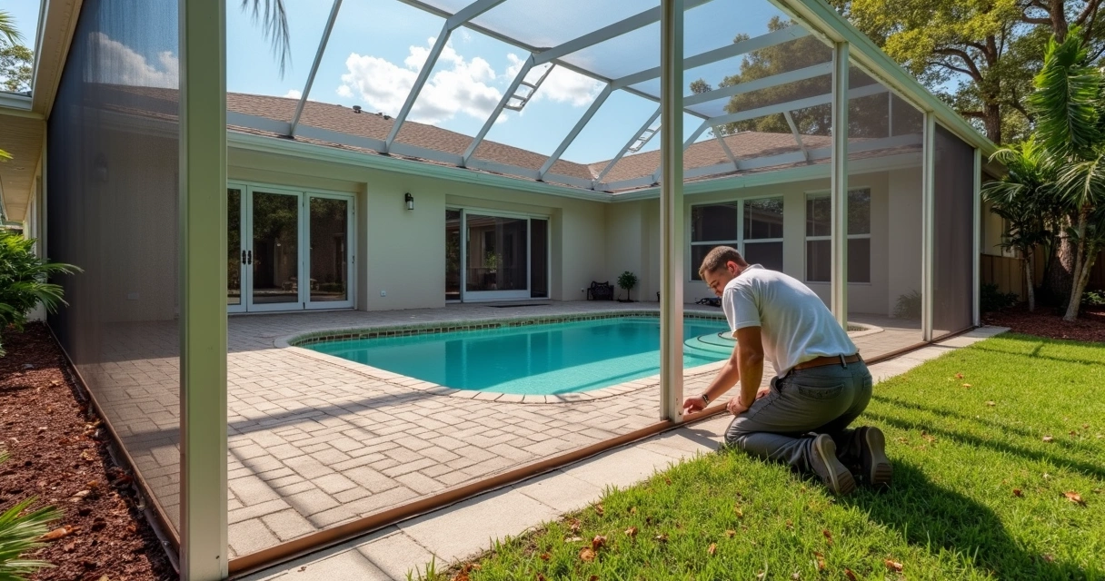 Homeowner installing debris barrier along pool screen enclosure in Florida 