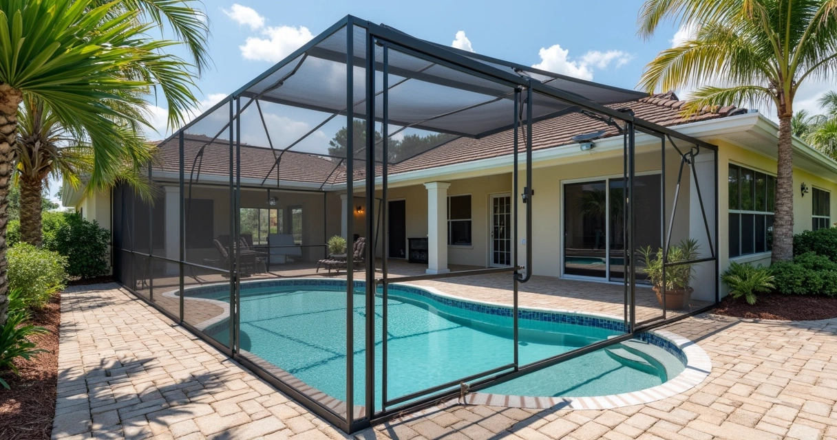 Screen enclosure with debris barrier along the base in Central Florida 