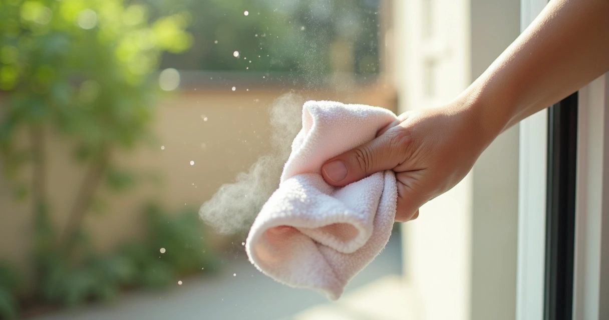 Hand wiping down aluminum screen frame with soft cloth 