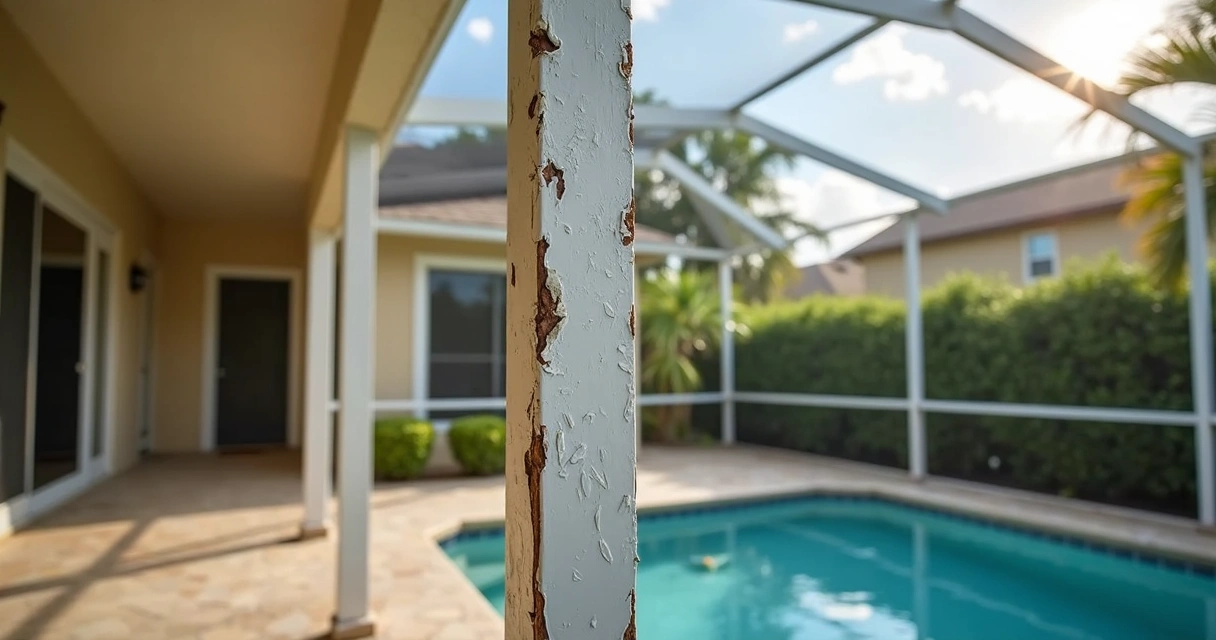 Damaged aluminum screen enclosure frame with visible rust and bent beams in a Florida backyard 