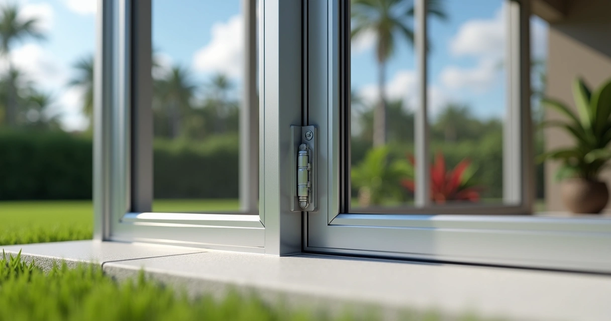Close-up of modern aluminum screen enclosure frame with latch and fasteners under bright daylight in a Central Florida backyard 