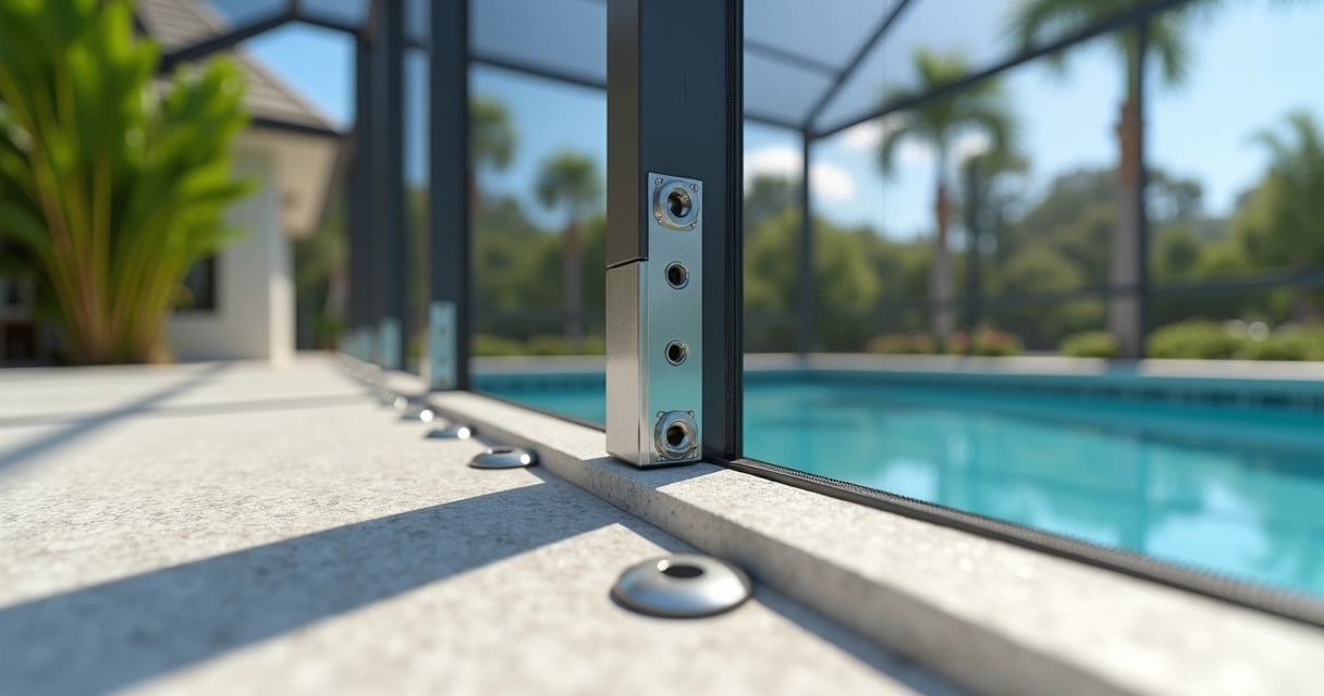 Screen enclosure corner showing hurricane-rated brackets and anchor bolts 