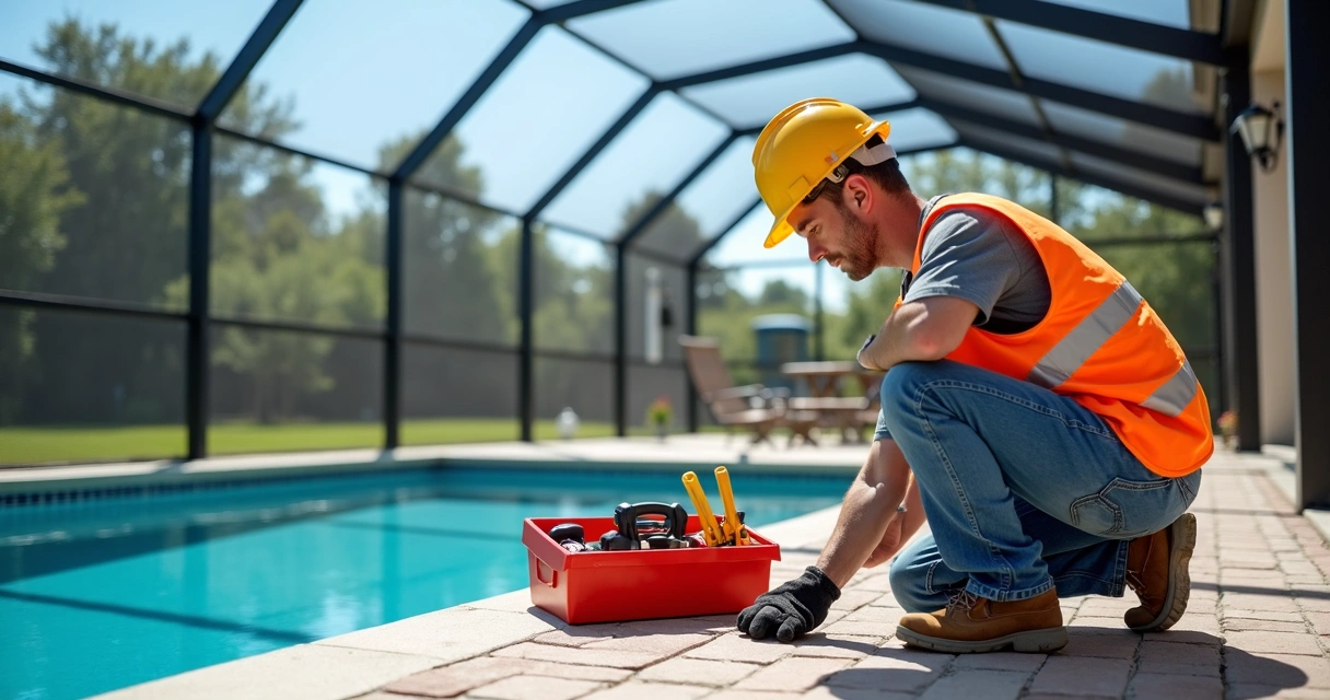 Contractor inspecting hurricane upgrades on screen enclosure 