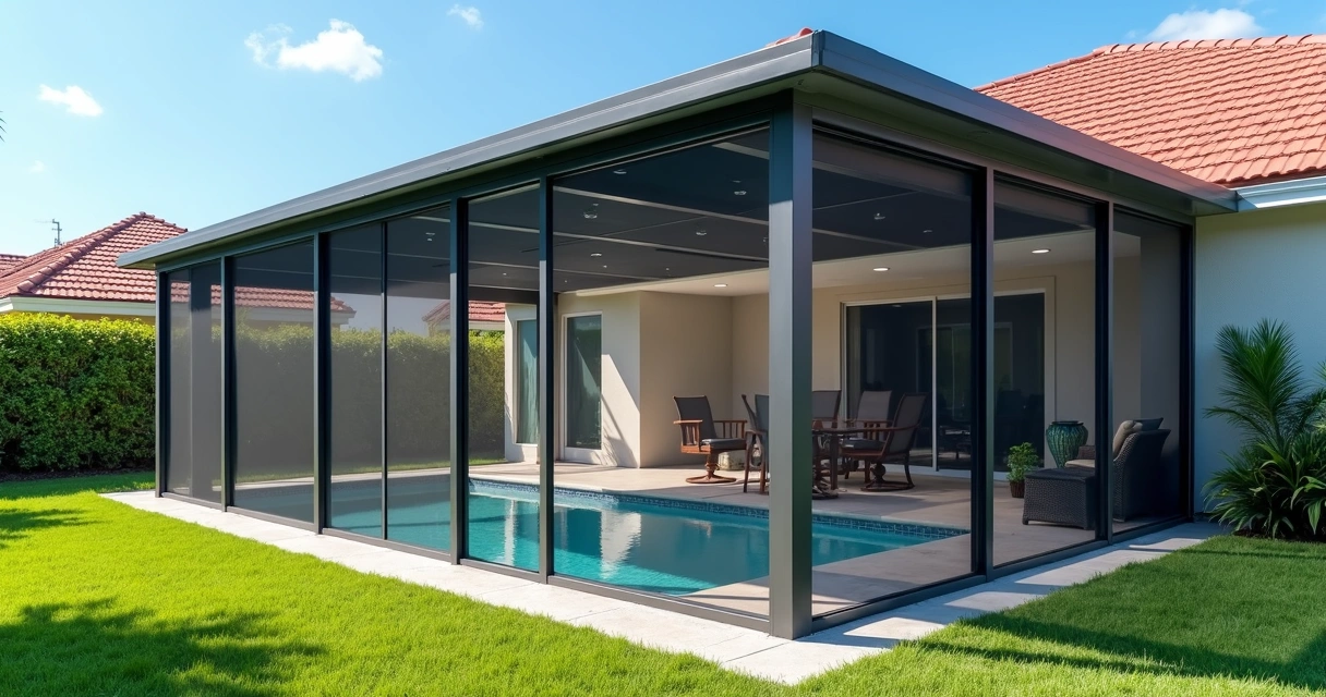 New screen enclosure with reinforced aluminum frame and hurricane-resistant fasteners on a sunny backyard pool area 