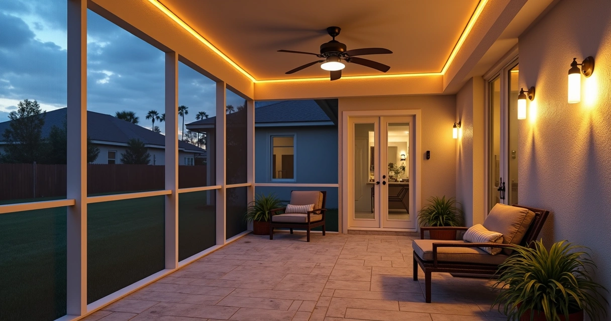 Screen enclosure interior with layered lighting and dimmer control 