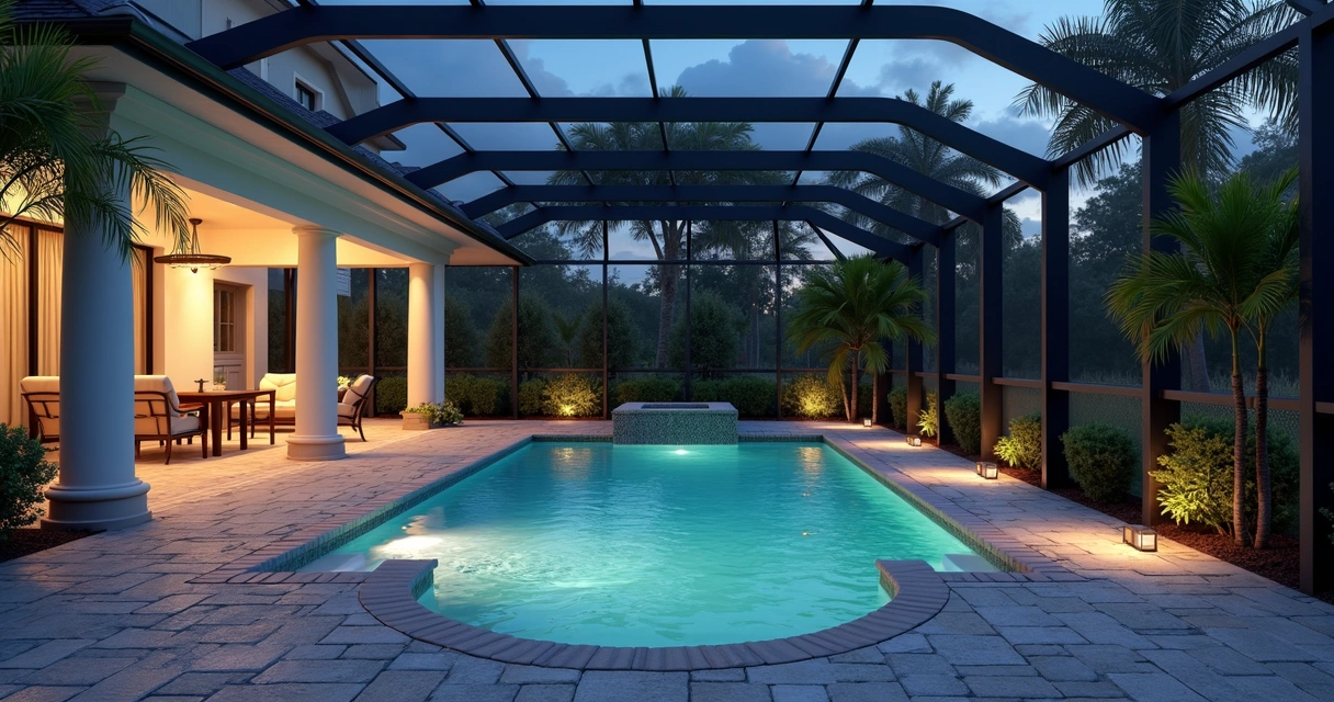 Screen enclosure with accent lighting zones in Orlando 