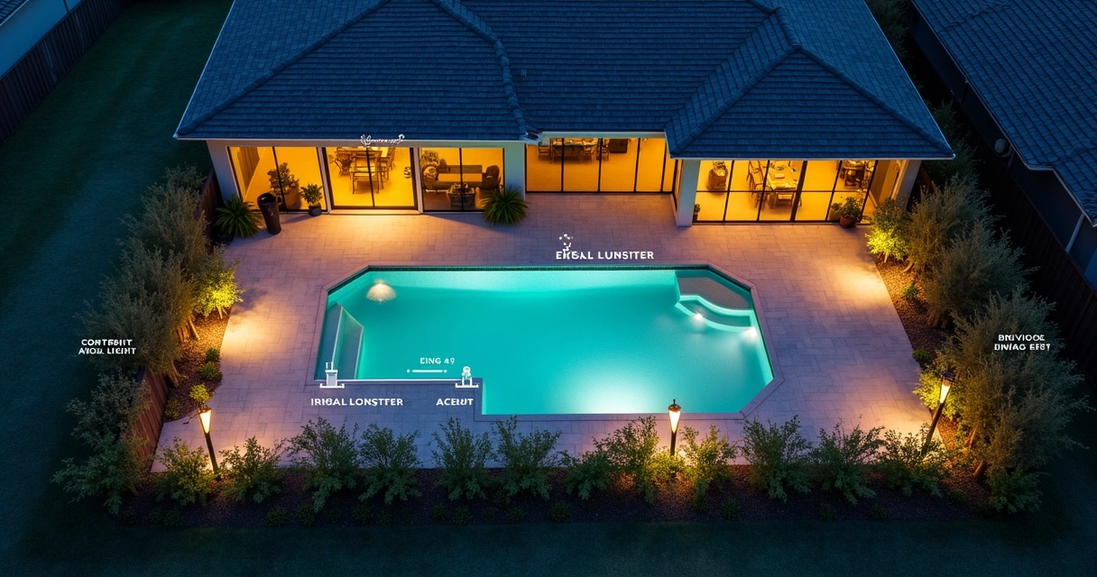 Overhead view of a large screen enclosure divided into lighting zones, with pathway, pool, dining, and accent lighting clearly marked
