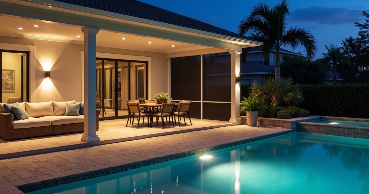 Large screen enclosure at night with layered lighting zones 