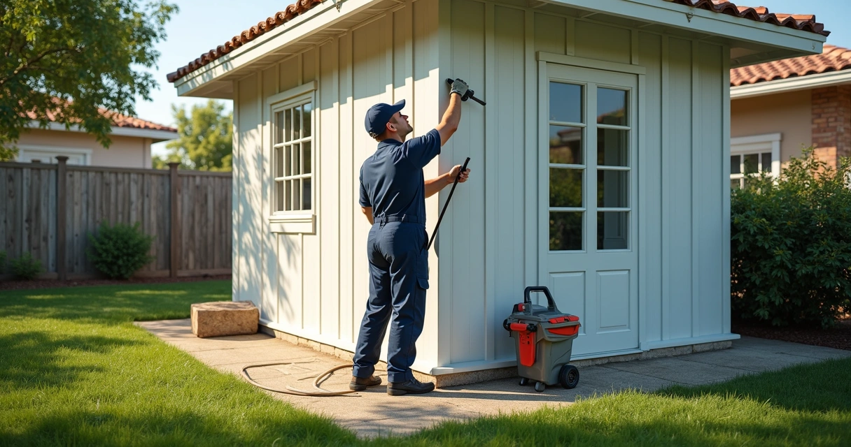 Technician maintaining painted screen enclosure 
