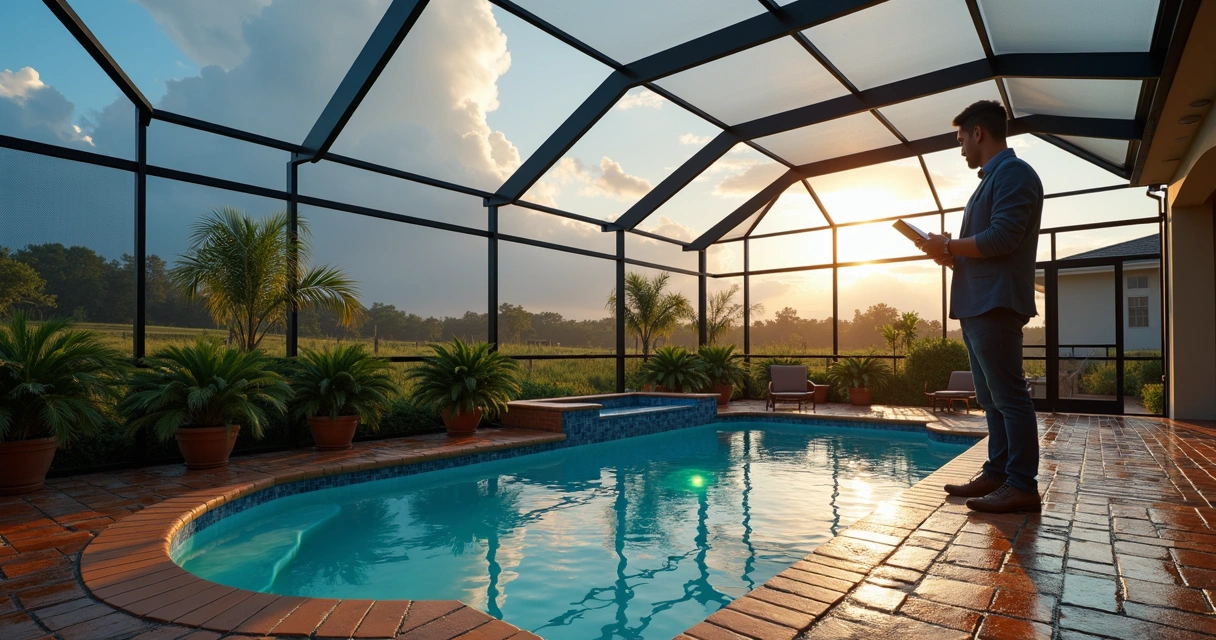 Homeowner following maintenance checklist for patio screen enclosure after storm 