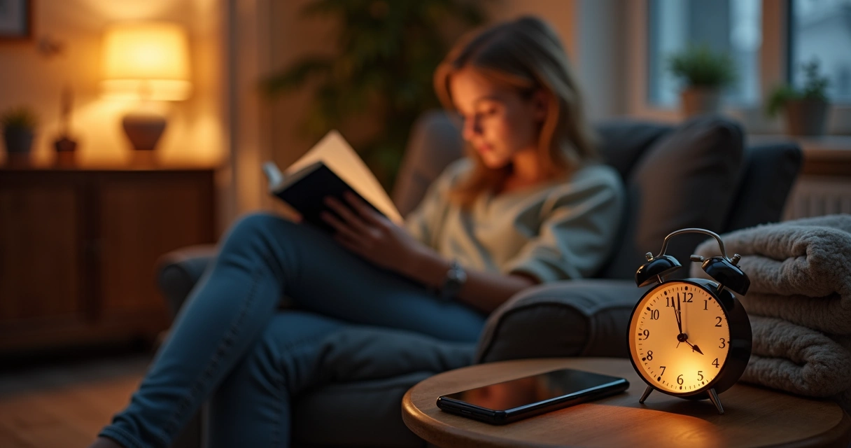 Person reading a book beside a phone placed face down