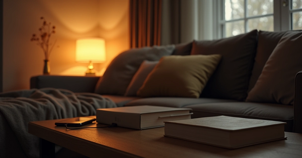 Living room with books, lamp, and phone charging away from the sofa