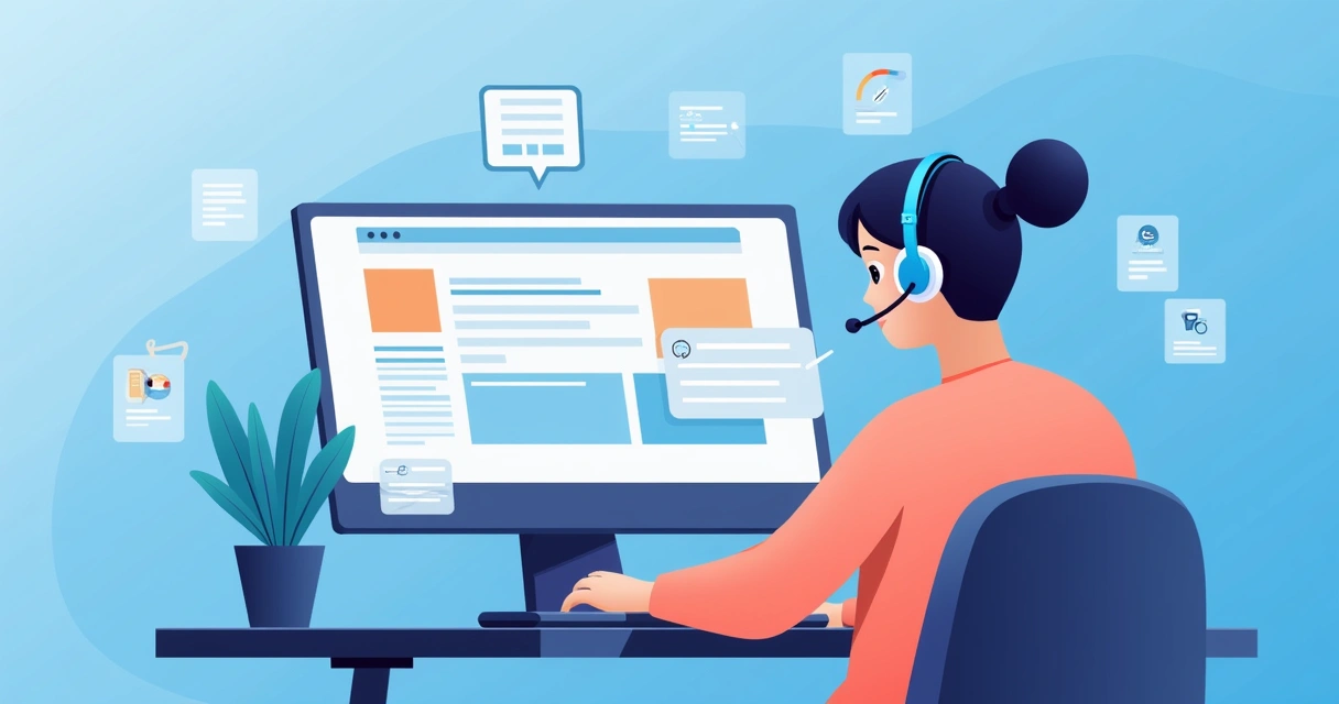 Illustration of a person using a laptop and testing a website with a screen reader and accessibility tools.