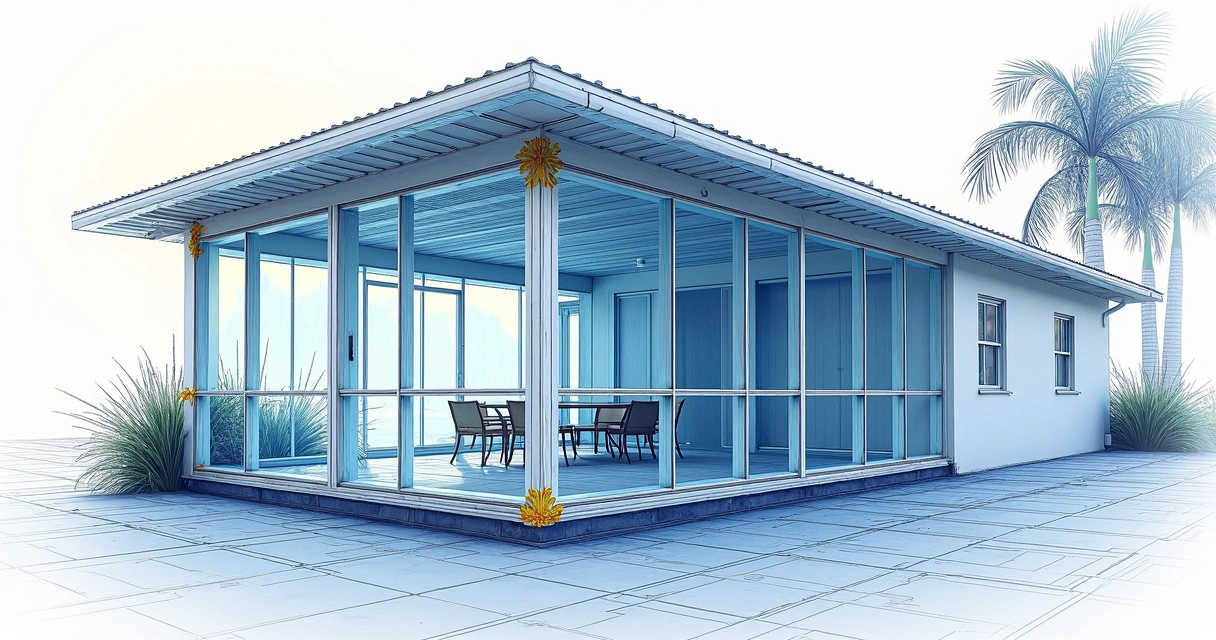 Screen room blueprint with structural wind bracing and drainage layout