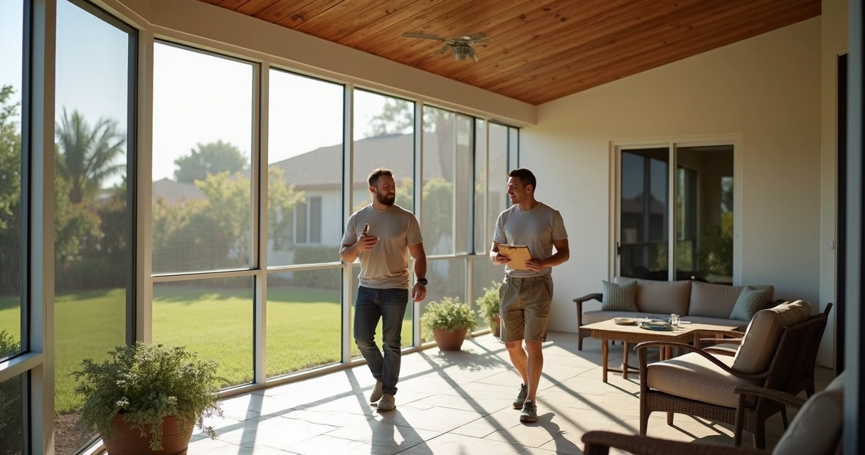 Homeowner and contractor in final inspection of screen room