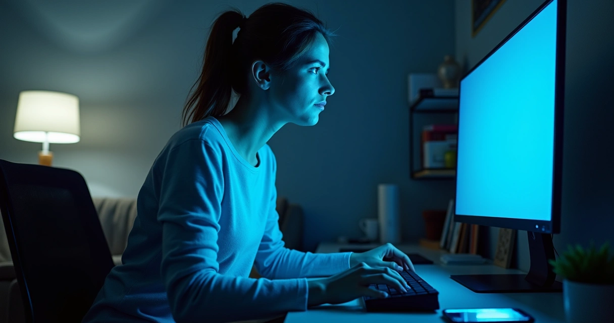 Woman at computer with tense posture and shallow chest breathing 