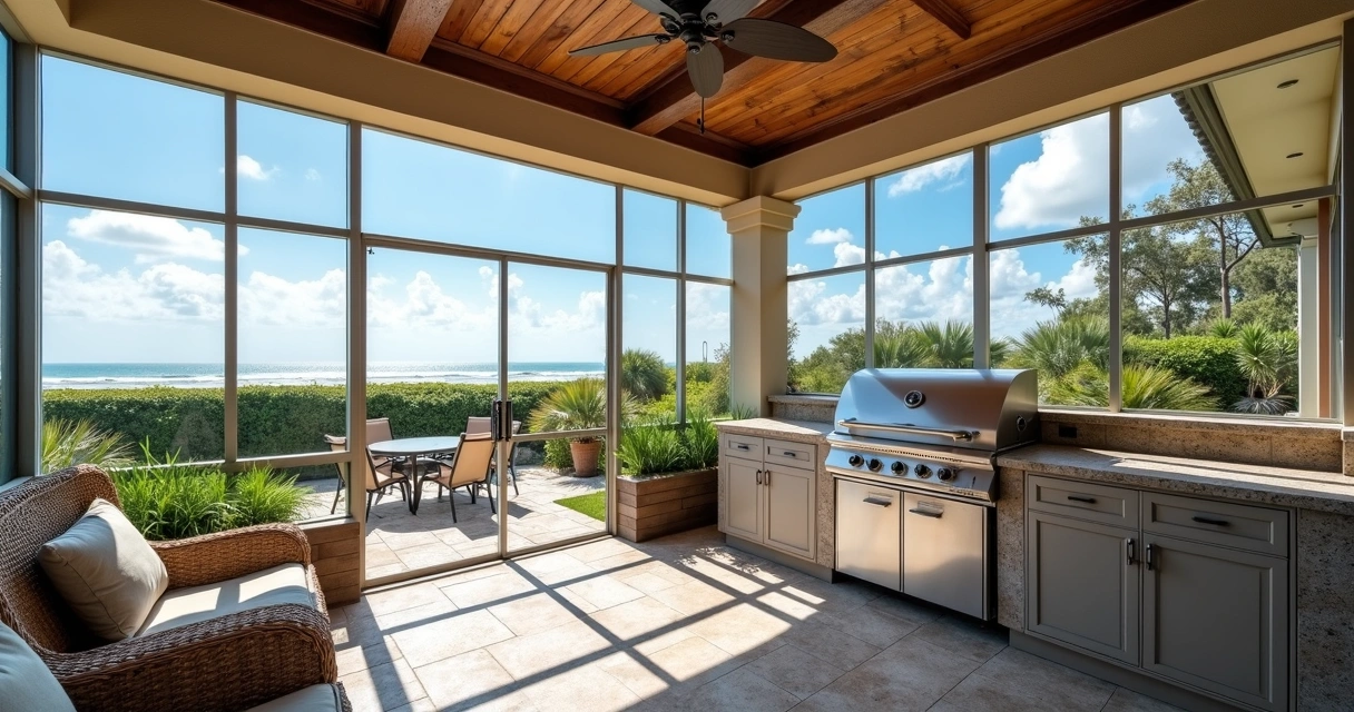 Screened outdoor kitchen with grill and seating in Florida 