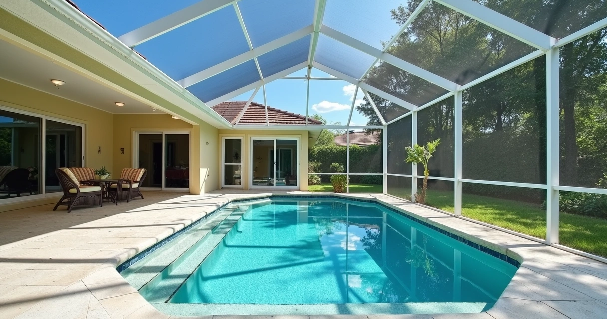 Pool deck with screened enclosure and drains 