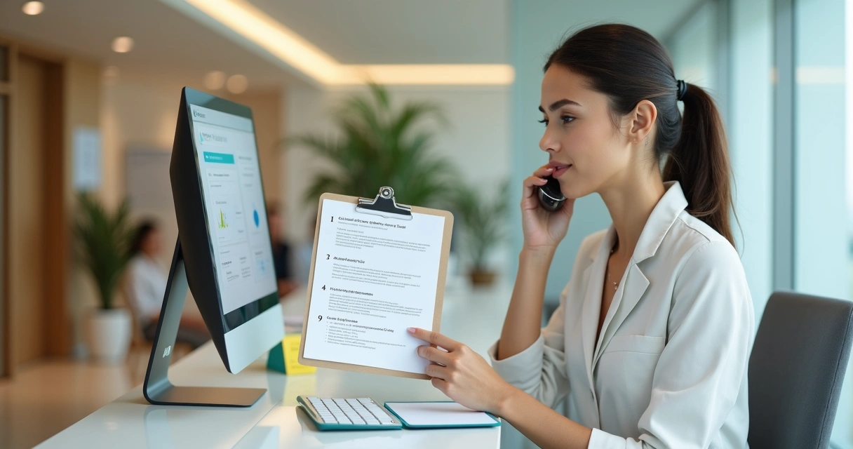 Secretária de clínica usando script de atendimento ao telefone com consultório ao fundo 